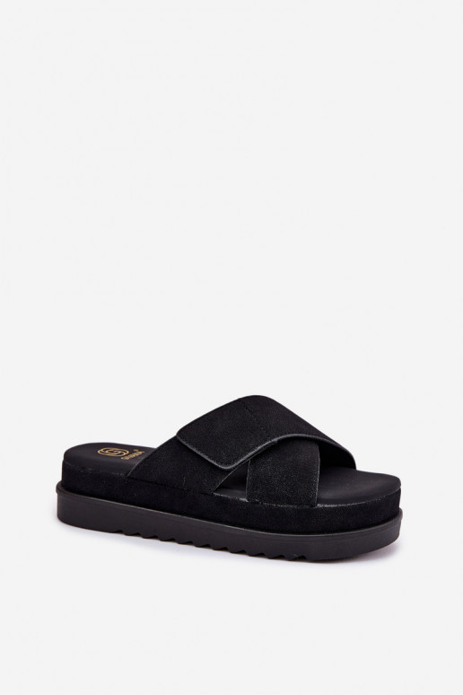 Moteriškos platforminės šlepetės su susipynusiais dirželiais, juodos Rinasara