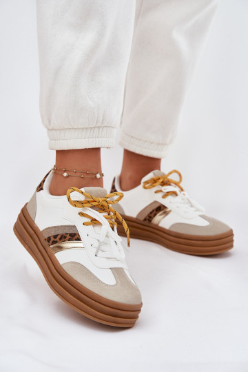 Moteriški platforminiai sportbačiai su dvigubais raišteliais, leopardo rašto, balti, Niteria