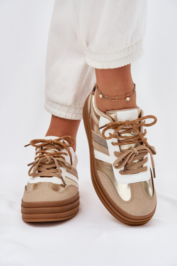 Moteriški sportbačiai ant platformos su dvigubais raišteliais, leopardo raštu, auksinės spalvos, Niteria