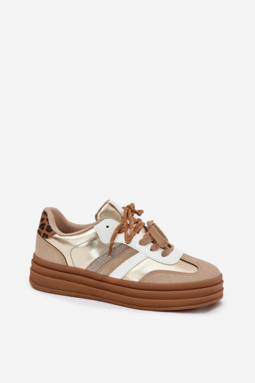 Moteriški sportbačiai ant platformos su dvigubais raišteliais, leopardo raštu, auksinės spalvos, Niteria 2