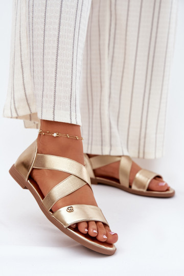 Moteriškos plokščios basutės su elastiniais dirželiais, auksinės spalvos, „Marinea“
