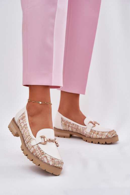 Laura Messi 2938 šviesiai smėlio spalvos odiniai mokasinai su auksinėmis detalėmis