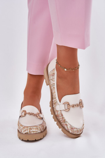 Laura Messi 2938 šviesiai smėlio spalvos odiniai mokasinai su auksinėmis detalėmis