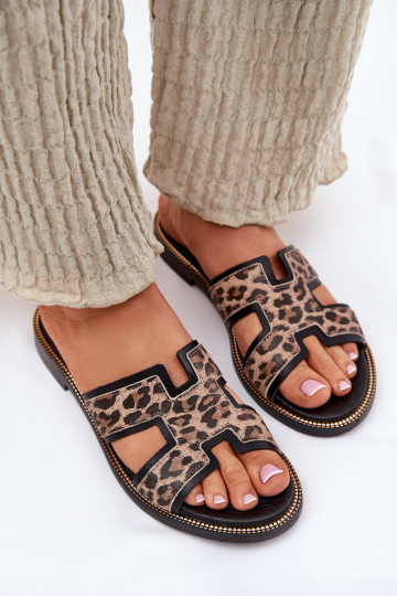„Zazoo 40383“ leopardo rašto odinės plokščios basutės, juodos