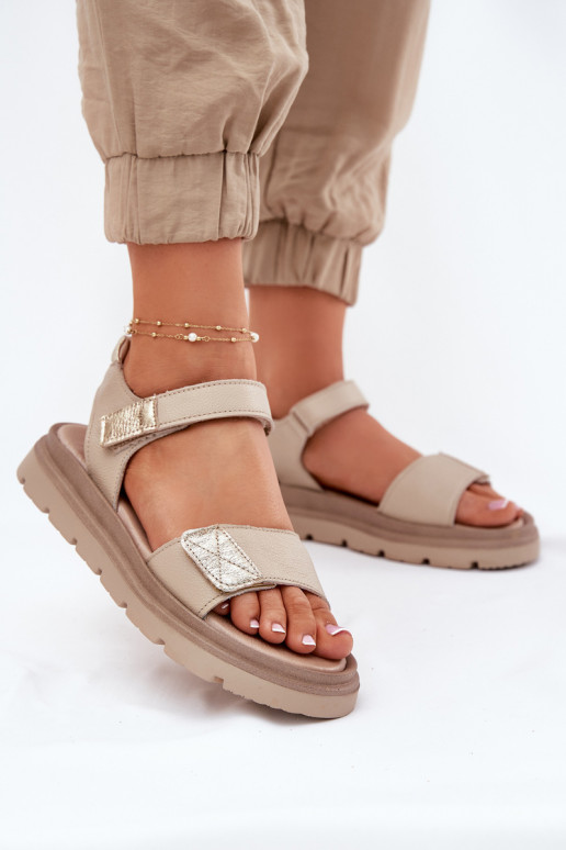 Zazoo 40443 smėlio spalvos moteriški odiniai platforminiai sandalai