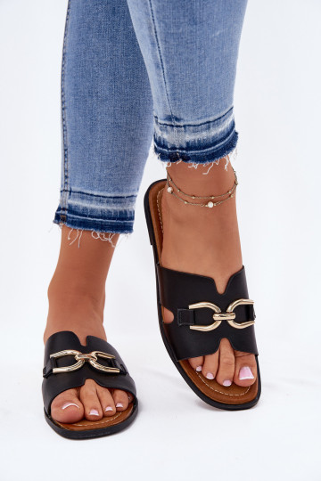 Moteriškos plokščiapadžiai šlepetės su dekoratyvinėmis detalėmis juodos spalvos „Amiresna“