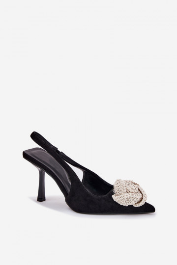 Juodi ekologiškos zomšos „Anodera“ aukštakulniai su dekoracijomis 2