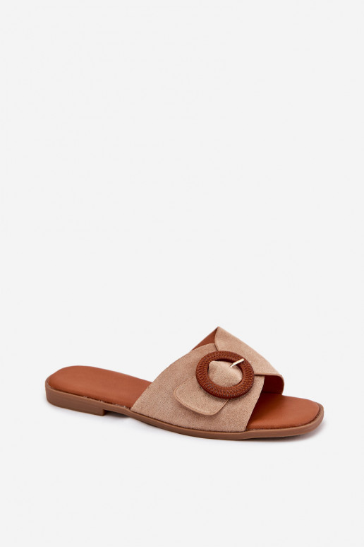 Lanoni smėlio spalvos moteriškos plokščiapadžiai šlepetės su sagtimi