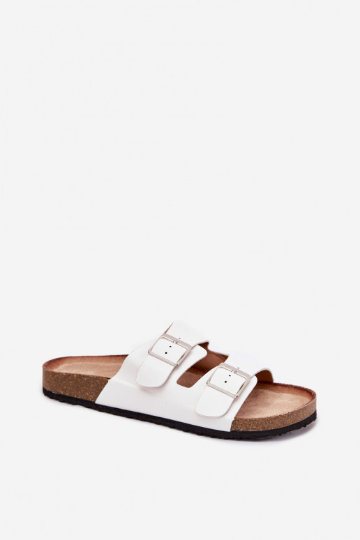 Moteriškos kamštinės platforminės šlepetės su sagtimis, baltos spalvos, Evisolla