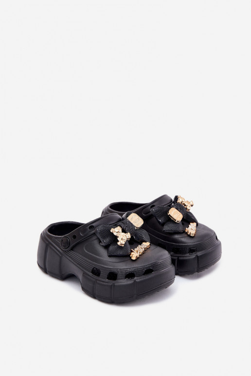 Vaikiškos mergaitėms skirtos putplasčio šlepetės su kaspinu ir dekoracijomis, juodos Selvana