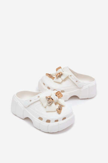 Vaikiškos mergaitėms skirtos putplasčio šlepetės su kaspinu ir dekoracijomis, baltos, Selvana 2