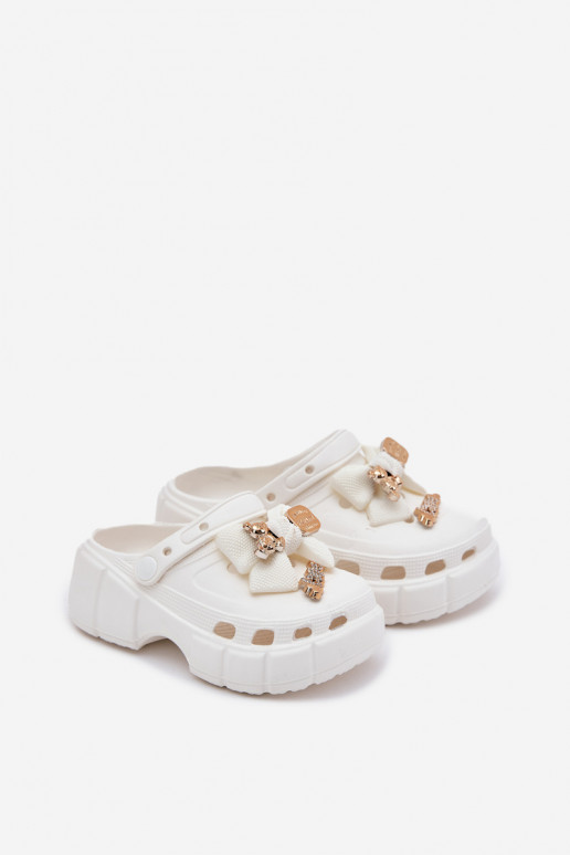 Vaikiškos mergaitėms skirtos putplasčio šlepetės su kaspinu ir dekoracijomis, baltos, Selvana