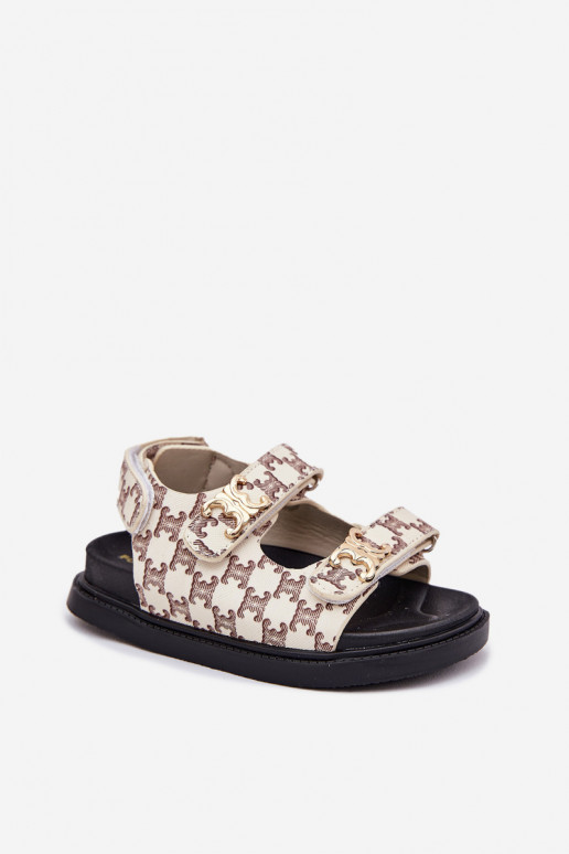 Cavina smėlio spalvos vaikiškos basutės su velcro užsegimu ir auksinėmis detalėmis