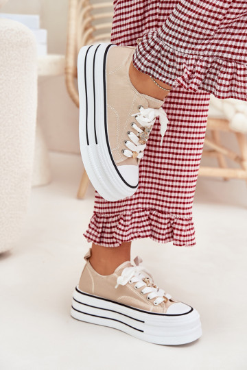 Moteriški smėlio spalvos „Fiorina“ platforminiai sportbačiai su auksiniais smeigtukais