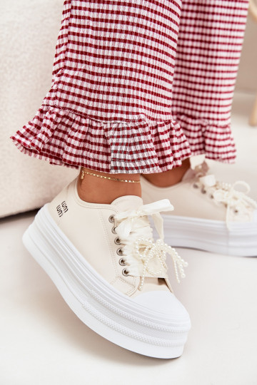 Moteriški platforminiai sportbačiai su dekoratyviniais raišteliais smėlio spalvos Tivora