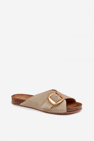 Maciejka 07000-22 pistacijų spalvos odinės šlepetės su auksine sagtimi 2