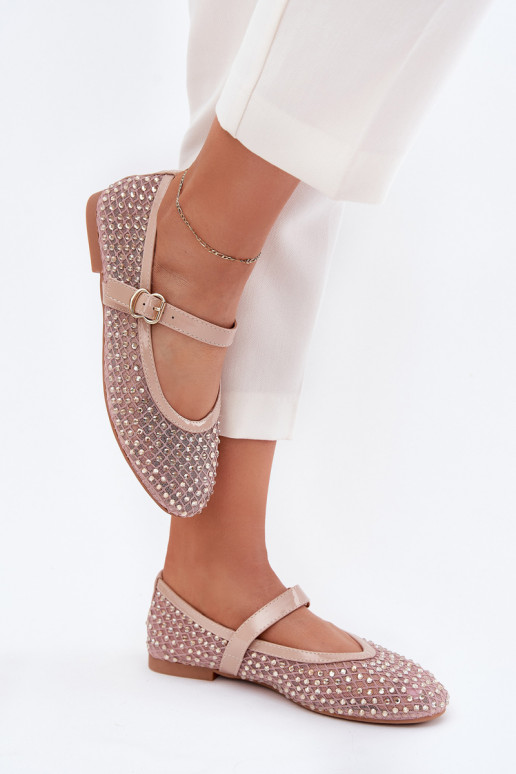 Avirae smėlio spalvos puoštos moteriškos baleto basutės su dirželiu ir sagtimi