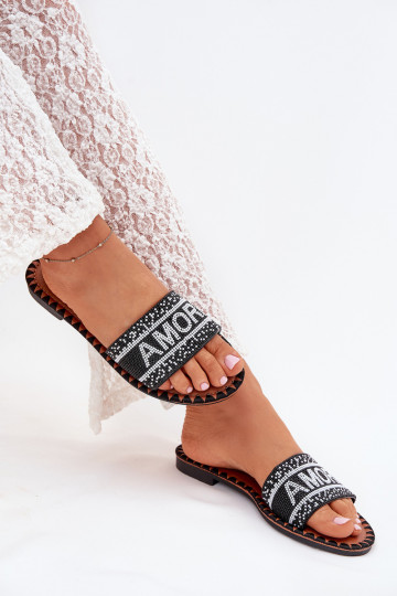 Moteriškos plokščios basutės su papuošimais „Amore Black Avelina“