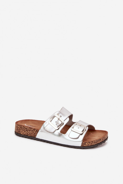 Moteriškos sidabrinės „Vesina“ kamštinės platformos šlepetės su sagtimis