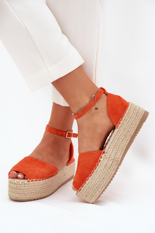 Selise oranžinės moteriškos platforminės espadrilės basutės su kasytėmis
