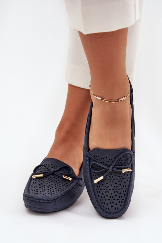 Moteriški mokasinai su ažūriniu raštu ir raišteliais tamsiai mėlyni Mirisa