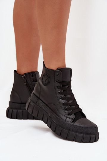 Šilti aukštakulniai moteriški sportbačiai su užtrauktuku ir platforma, juodi Sarira