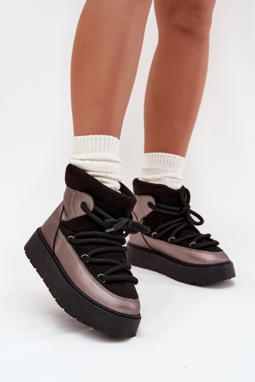 Moteriški žemo kulno sniego batai su kailio pamušalu ir storais raišteliais, juodi Xarina