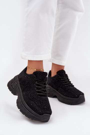 Zarika moteriški sportbačiai su cirkoniais ir ėriuko kailiu, juodi