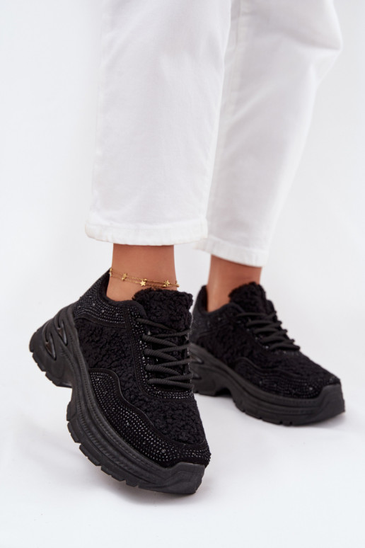 Zarika moteriški sportbačiai su cirkoniais ir ėriuko kailiu, juodi
