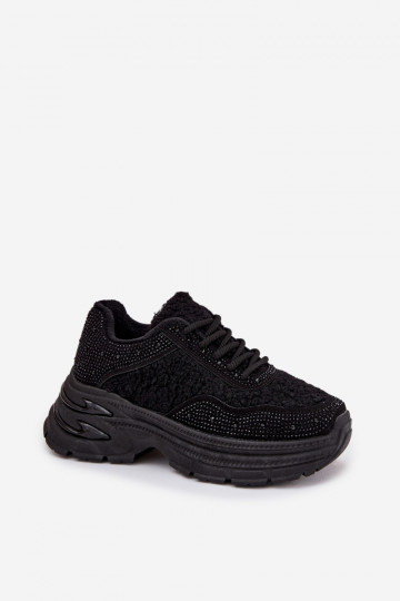 Zarika moteriški sportbačiai su cirkoniais ir ėriuko kailiu, juodi 2