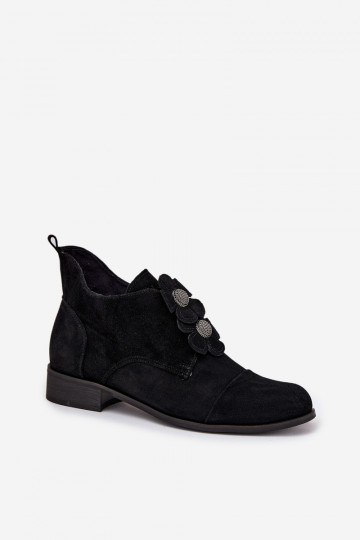 „Zazoo 3080“ juodi zomšiniai moteriški bateliai su dekoratyvinėmis gėlėmis 2