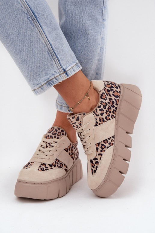 Zomšiniai moteriški sportbačiai su masyvia platforma Vinceza 66841 Leopard Beige