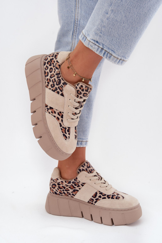 Zomšiniai moteriški sportbačiai su masyvia platforma Vinceza 66841 Leopard Beige