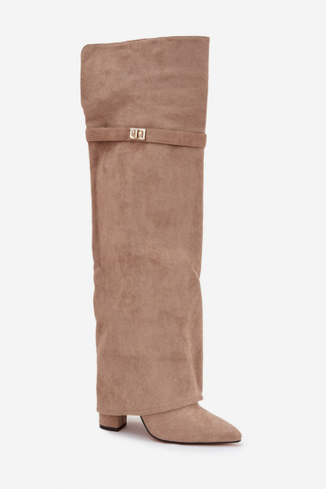 Šilti aulinukai virš kelių, su atlenkiamu kotu ir blokiniu kulnu smėlio spalvos „Serelle“ 2