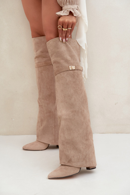 Šilti aulinukai virš kelių, su atlenkiamu kotu ir blokiniu kulnu smėlio spalvos „Serelle“