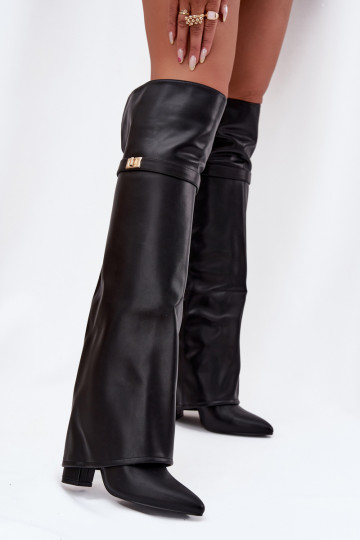 Šilti aulinukai virš kelių, su atlenkiamu kotu ir blokiniu kulnu, juodi, „Serelle“