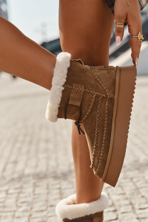 Moteriški zomšiniai sniego batai su dekoratyvinėmis siūlėmis „Big Star“ SS274373 „Camel“ spalvos