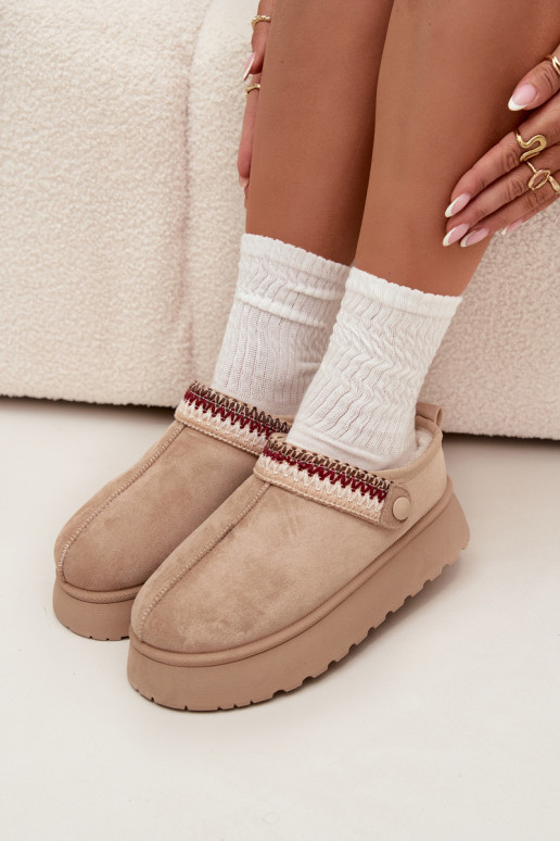 „Lyrisse“ šviesiai smėlio spalvos moteriški žemakulniai sniego batai su judančiu dirželiu ir siuvinėta platforma