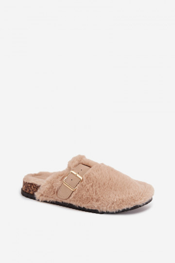 Moteriškos šlepetės su kailiniais ir platforma, dirželiu bei sagtimi, smėlio spalvos, Noraline