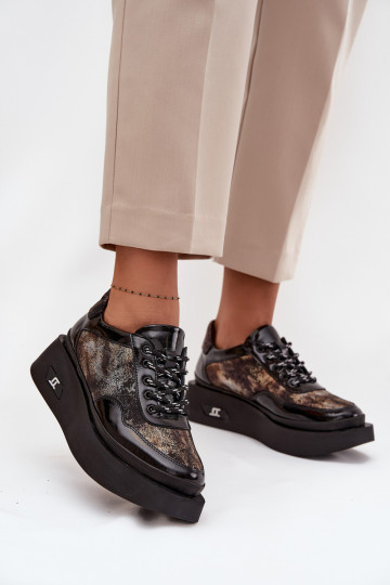 Artiker 57C2042 juodos ir auksinės spalvos moteriški odiniai bateliai su raišteliais