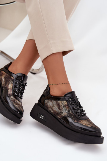 Artiker 57C2042 juodos ir auksinės spalvos moteriški odiniai bateliai su raišteliais