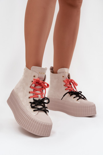 Zomšiniai moteriški sportbačiai su šiluma ant didžiulės platformos GOE SS2N4047 smėlio spalvos