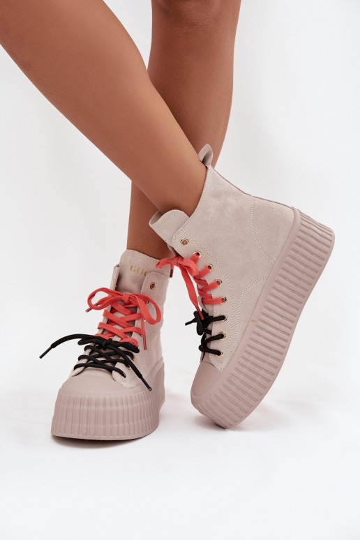 Zomšiniai moteriški sportbačiai su šiluma ant didžiulės platformos GOE SS2N4047 smėlio spalvos