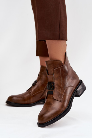 Moteriški pašiltinti odiniai aulinukai iki kulkšnių su dekoratyvinėmis detalėmis, rudi, Briselda