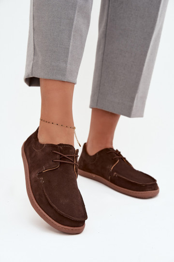 „Zazoo 327“ šokolado spalvos moteriški basi bateliai iš natūralios zomšos