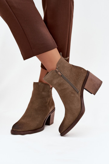 Moteriški aulinukai iki kulno iš natūralios zomšos su kulnu, šilti Sergio Leone BT25321-S chaki spalvos