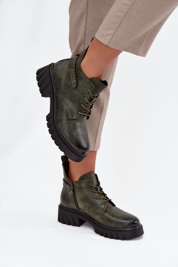 Žemai pašiltinti moteriški aulinukai iki kulkšnių su dekoratyviniu dirželiu tamsiai žali Therisse