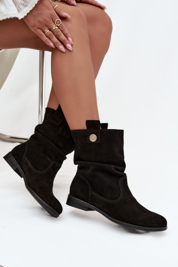 „Zazoo 4210“ moteriški odiniai zomšiniai aulinukai iki kulkšnių su raukiniais ir pašiltinimu, juodos spalvos