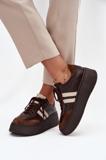 „Zazoo 3775“ šokolado spalvos odiniai moteriški platforminiai sportbačiai