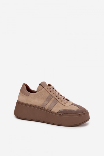 „Zazoo 3775“ smėlio spalvos odiniai zomšos moteriški sportbačiai su platforma 2